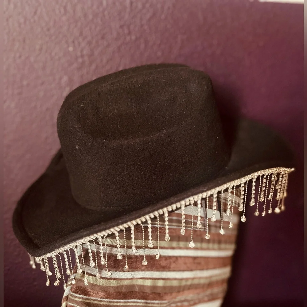 🐴5/$5 Black Felt Cowgirl Hat with Rhinestones Fringe - Picture 1 of 3
